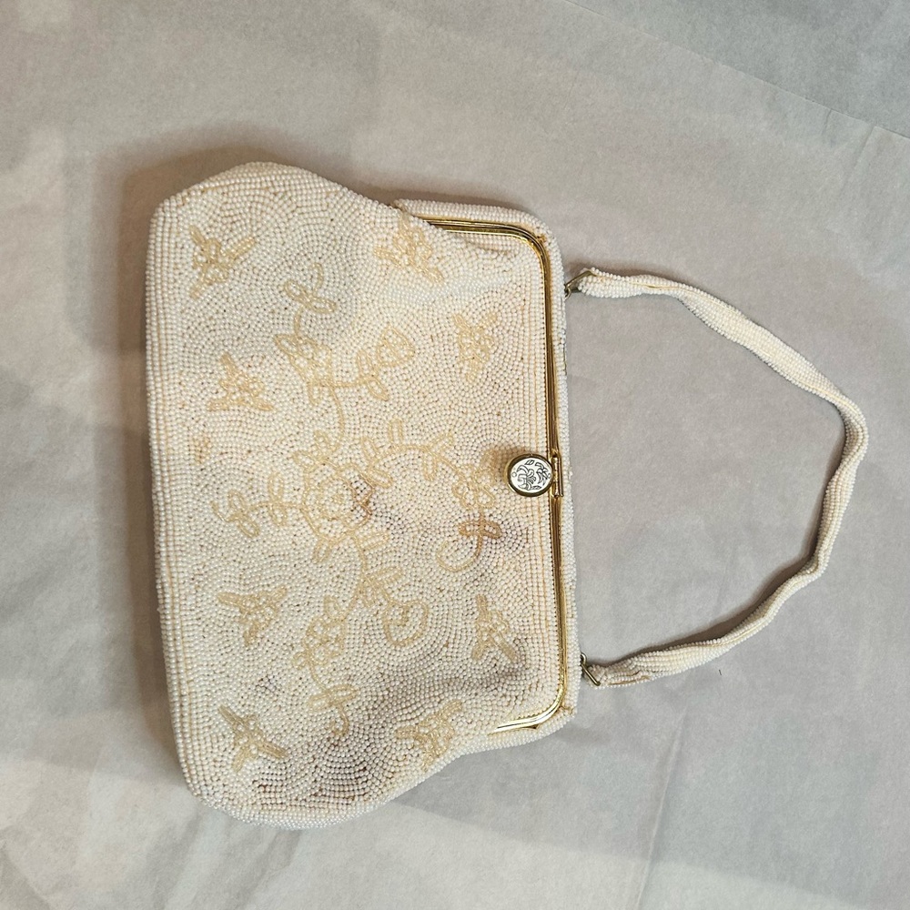 Vintage White Beaded Evening Bag Wedding Clutch Handbag Formal Handbeaded Prom - Picture 9 of 11